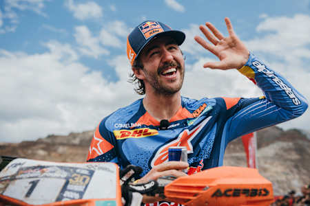 Manuel Lettenbichler celebrates his fifth successive win at the 30th edition of Red Bull Erzbergrodeo in Austria. 