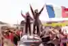 Sebastien Ogier (FRA)  Vincent Landais (FRA) Of team TOYOTA GAZOO RACING WRT celebrate on the podium in first place after winning the World Rally Championship in Olbia, Italy on 8.06.2025