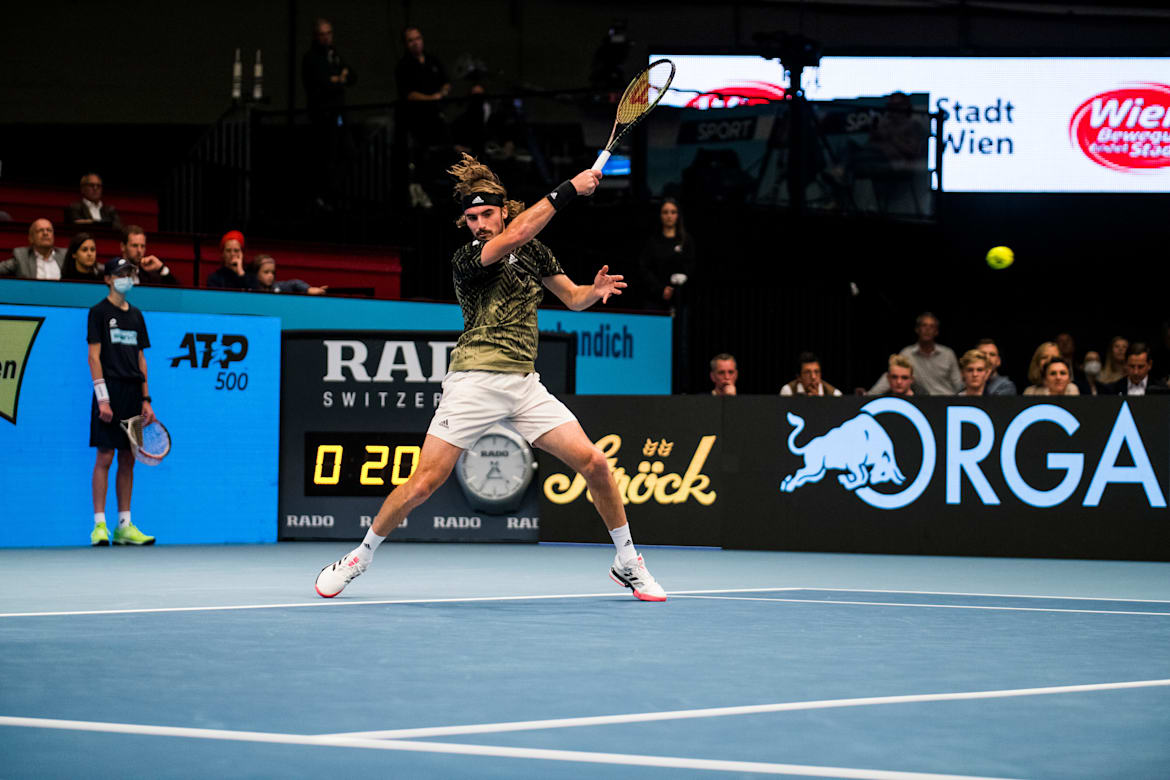 Stefanos Tsitsipas performs at the ATP500 in Stadthalle Wien, Austria on October 26, 2021. 
