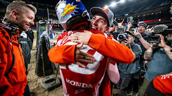 Jett Lawrence celebrates after winning the 250cc West Coast Championship at Round 16 of the AMA Supercross Series at Empower Field in Denver, CO, USA on May 6, 2023.