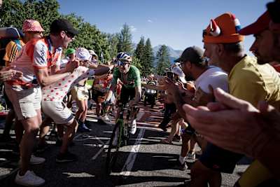 Wout van Aert coming up the infamous 'Dutch Corner' on Alpe d’Huez (HC) during stage 12 from Briançon to L'Alpe d'Huez (over 166km) during the 2022 Tour de France