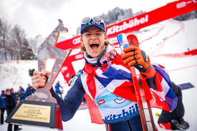 Lucas Braathen of Norway celebrates third place during the Hahnenkamm Race in Kitzbuhel, Austria on January 22, 2023.