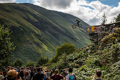 Adam Brayton takes on a huge drop at Dinas Mawddwy, Wales for Red Bull Hardline in September 2022, 