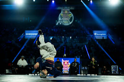 B-Girl Ami of Japan competes against 671 of China during the Red Bull BC One World Final at Court Philippe-Chatrier, Roland Garros in Paris, France, on October 21, 2023.