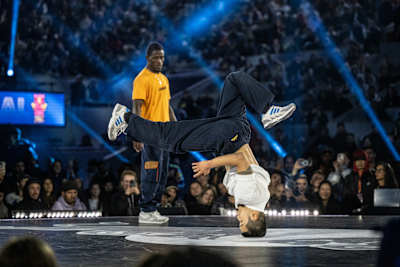 Hong 10 (right) of Korea competes against Dany Dann of France during the Red Bull BC One World Final at Court Philippe-Chatrier, Roland Garros, Paris, France, on October 21, 2023.