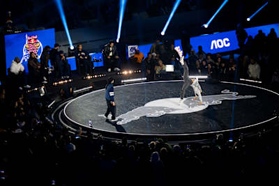 B-Girl Yasmin of Japan competes against B-Girl Nicka of Lithuania during the Red Bull BC One World Final at Court Philippe-Chatrier, Roland Garros in Paris, France, on October 21, 2023.