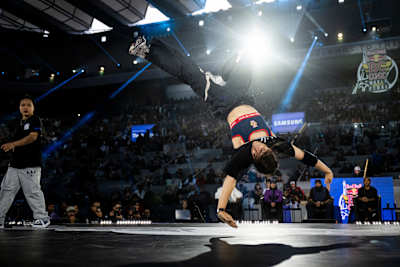 B-Girl Firebird of Bulgaria competes against B-Girl 671 of China during the Red Bull BC One World Final at Court Philippe-Chatrier, Roland Garros in Paris, France, on October 21, 2023.