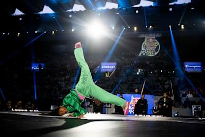 B-Girl India of Netherlands competes against Stefani during the Red Bull BC One World Final at Court Philippe-Chatrier, Roland Garros in Paris, France, on October 21, 2023.