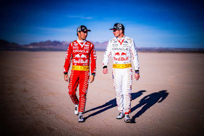 Max Verstappen and Sergio Pérez of Oracle Red Bull Racing at the Las Vegas Grand Prix, 2023.