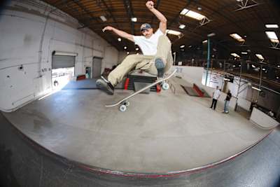 Danny Léon performs a frontside kickflip at Red Bull Performance Camp in Vista, California on 12 November, 2023.