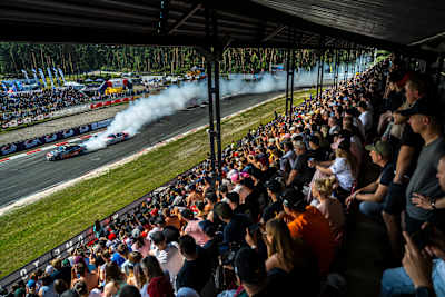 Piotr Wiecek of Poland performs during the fourth round of Drift Masters in Riga, Latvia on July 30, 2022. 