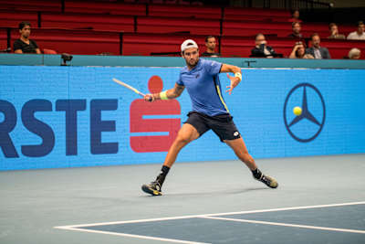 Matteo Berrettini performs at the ATP500 Tournament in Stadthalle Wien, Austria on October 25, 2021 