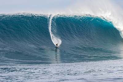 Lucas Chianca rides a huge wave at Cortes Bank off the coast of California.