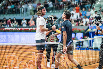 Dominic Thiem and Stefanos Tsitsipas as seen at the end of their match at Red Bull Bassline in Madrid, Spain on April 25, 2023.