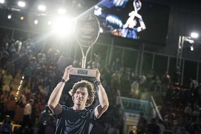 Andrey Rublev poses for a portrait as a winner during the Red Bull Bassline in Madrid, Spain on April 25, 2023.