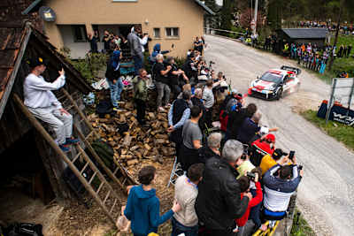 Sebastien Ogier (FRA) and Vincent Landais (FRA) Of team TOYOTA GAZOO RACING WRT are racing during World Rally Championship Croatia in Zagreb, Croatia on April 21, 2023.
