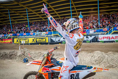 Jeffrey Herlings celebrating his first MXGP title at his home round in 2018.