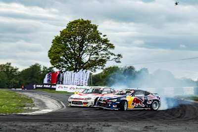 Conor Shanahan of Ireland and Piotr Wiecek of Poland performs during  the first stop of Drift Masters in Naas, Ireland on May 7, 2023.