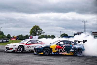 Jaub Przygonski of Poland and Piotr Wiecek of Poland perform during the first stop of the Drift Masters European Championship in Naas, Ireland on May 7, 2023.