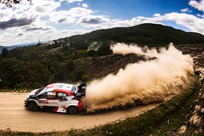 Kalle Rovanperä (FIN) and Jonne Halttunen (FIN) of team Toyota Gazoo Racing seen during the World Rally Championship Portugal in Porto, Portugal on May 13, 2023