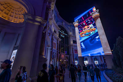 The Caesar's Palace LED screen showcases the Red Bull Kumite event, held at the Octavius Ballroom at Caesar's Palace in Las Vegas, NV, USA on 13 November, 2021.  