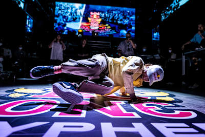 B-Girl Ami performs her judge move during the Red Bull BC One Fukuoka cypher in Fukuoka, Japan on August 6, 2022.