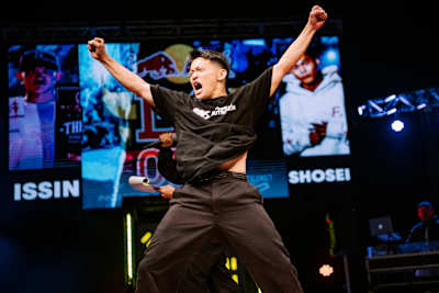 B-Boy ISSIN celebrate winning at Red Bull BC One Cypher Japan in Shimonoseki, Yamaguchi, Japan on September 25, 2022.