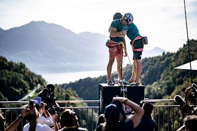 Alberto Ginés López and Luka Potočar seen during the Red Bull Dual Ascent in Verzasca, Switzerland on October 30, 2022.
