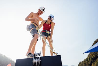 Louna Ladevant & Petra Klingler seen at the Red Bull Dual Ascent event in Verzasca, Switzerland on October 29, 2022.