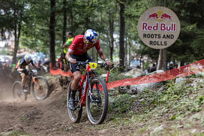 Lars Forster performs at UCI XCO World Cup in Val Di Sole, Italy on July 2, 2023.