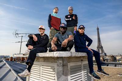 Phil Wizard, Hong Ten, Junior, Sunni and Lilou pose for a portrait on a rooftop of Paris, France on February 9, 2023. 