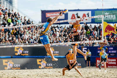 Jonatan Hellvig competing at the A1 CEV BeachVolley Nations Cup 2023 in Vienna, Austria on August 6, 2023.