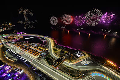 fireworks at the podium celebrations following the race win of Sergio Perez of Mexico and Oracle Red Bull Racing during the F1 Grand Prix of Saudi Arabia at Jeddah Corniche Circuit on March 19, 2023.