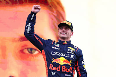 Winner Max Verstappen celebrates on the podium during the F1 Grand Prix of The Netherlands at Circuit Zandvoort on August 27, 2023 in Zandvoort, Netherlands. 