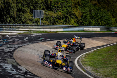 Sebastian Vettel in a Red Bull RB 7, David Coulthard in a Red Bull RB 8 seen during the Red Bull Formula Nuerburgring at the Nuerburgring in Germany on September 8, 2023.