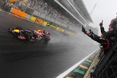Sebastian Vettel clinches the drivers world championship during the Brazilian Formula One Grand Prix at the Autodromo Jose Carlos Pace on November 25, 2012 in Sao Paulo, Brazil. 