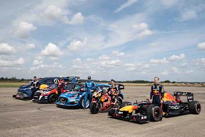 Romain Dumas, Timmy Hansen, Adrien Fourmaux, Dani Pedrosa and Liam Lawson seen during the shooting of The Ultimate Race on July 26, 2023 in United Kingdom. 