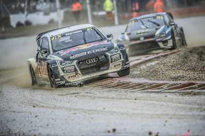 El Audi S1 de Mattias Ekström en el Campeonato del Mundo FIA de RallyCross en Loheac, Francia, el 1 de septiembre de 2017.