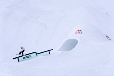 Clemens Millauer performs at the Swatch Nines in Mürren, Switzerland on April 18, 2023.