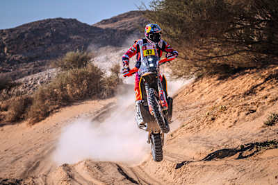Kevin Benavides (ARG) of Red Bull KTM Factory Team races during stage 04 of Rally Dakar 2024 from Al Salamiya to Al Hofuf, Saudi Arabia on January 09, 2024.  