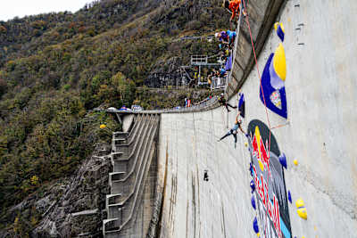 Petra Klingler climbing the Verzasca Dam man-made routes in Switzerland for Red Bull Dual Ascent 2023 
