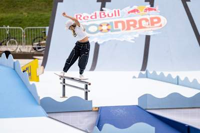 Leticia Bufoni front boards during Red Bull Pool Drop in Munich, Germany on August 2, 2024.