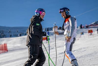 Marcel Hirscher and Lucas Braathen seen in Soelden, Austria on October 27, 2024. 