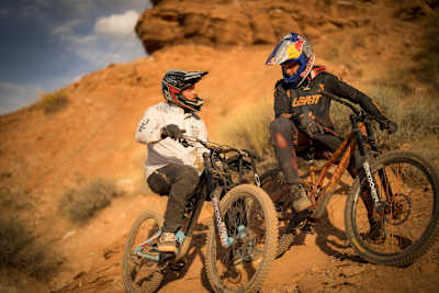 Kyle Strait and Szymon Godziek during day 1 practice at Red Bull Rampage 2024