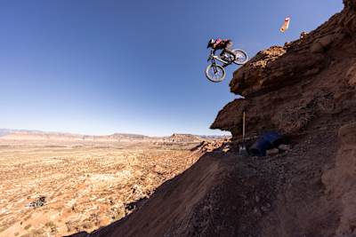 Cami Nogueria drops into her line at practice before Red Bull Rampage 2024.