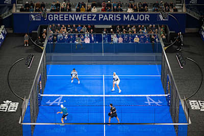 Federico Chingotto and Alejandro Galan compete against Martin Di Nenno and Juan Lebron during the Greenweez Paris Major, at Roland-Garros stadium in Paris, France on October 5, 2024. 