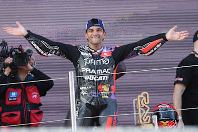 Jorge Martin pictured on the podium after securing the 2024 MotoGP World Championship title in Barcelona, Spain on November 17, 2024.