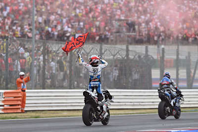 Marc Márquez celebrates after the race at the San Marino MotoGP on September 8, 2024.