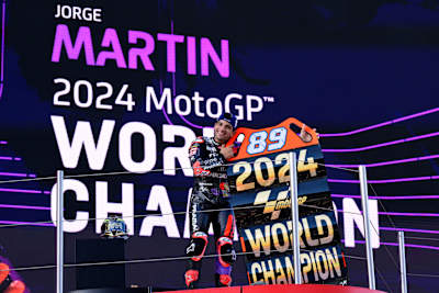 Jorge Martín celebrating during the MotoGP Race in Barcelona, Spain on November 17, 2024.