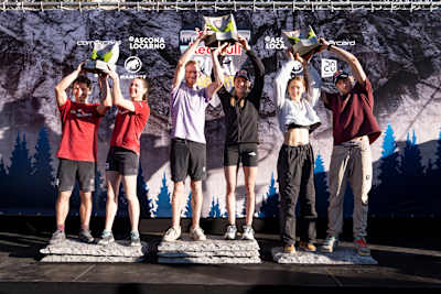 In 2024, Jakob Schubert, Jessica Pilz and others celebrate at Red Bull Dual Ascent podium in Verzasca, Switzerland
